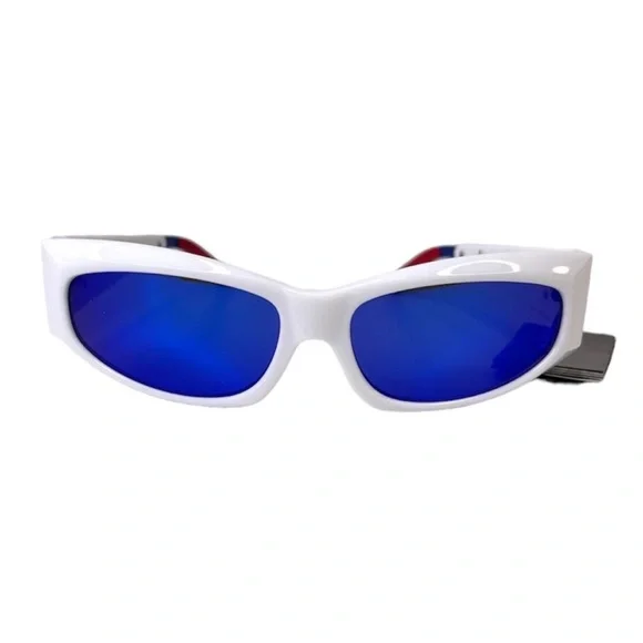 LE SPECS Adam Selman The Edge Sunglasses NEW White WIth Blue Mirror Lenses - Picture 14 of 16